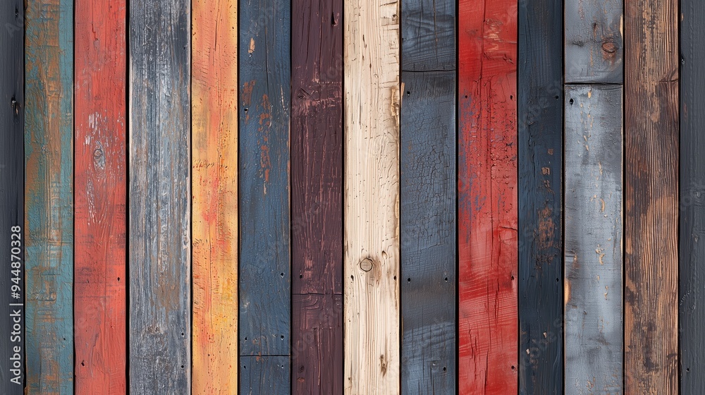 A textured wooden wall featuring a variety of colors including red, blue, beige, and brown. The planks are arranged vertically, showcasing natural wood grain and weathered finishes. A textured wooden wall featuring a variety of colors including red, blue, beige, and brown. The planks are arranged vertically, showcasing natural wood grain and weathered finishes.