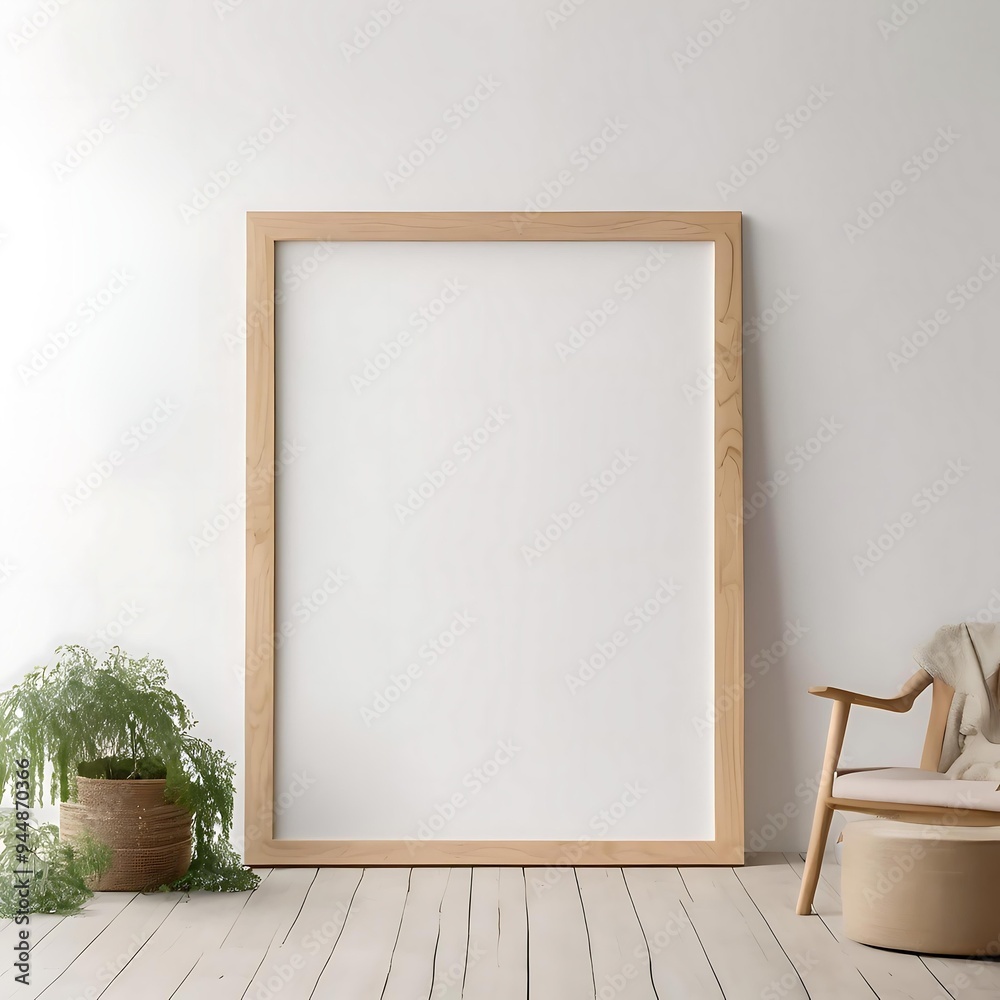 Blank Frame with Wood Trim with Potted Plant and Chair, Clean Frame Mockup Blank Frame with Wood Trim with Potted Plant and Chair, Clean Frame Mockup