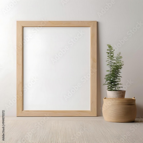 Blank Frame with Wood Trim with Potted Plant, Clean Frame Mockup