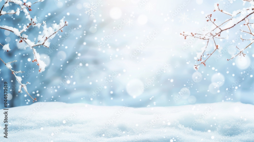 Snowy Winter Wonderland, enchanting landscape adorned with delicate snowflakes cascading down, layered branches offering flexibility for creative adjustments and enhancements.