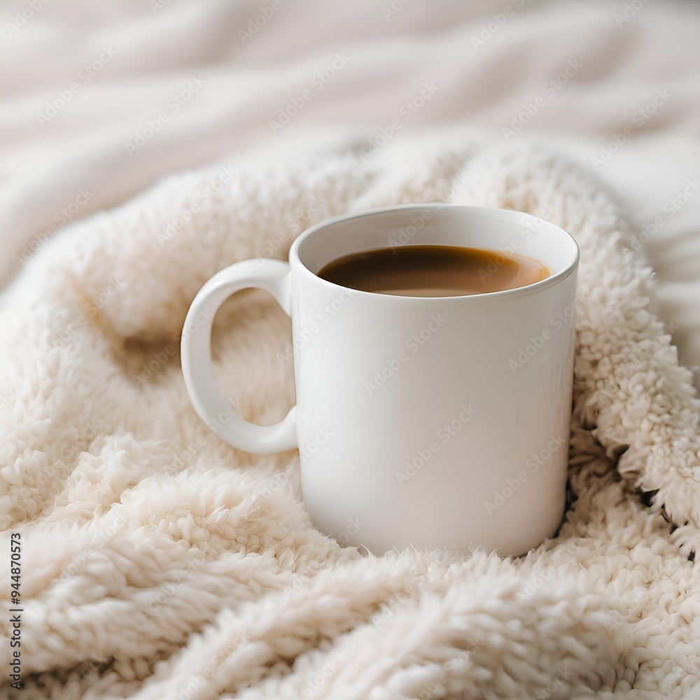 Blank White Mug Filled with Coffee Resting on Fluffy Shag Rug, Mug Mockup Blank White Mug Filled with Coffee Resting on Fluffy Shag Rug, Mug Mockup