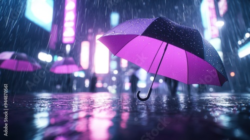 Wallpaper Mural Purple umbrella in the rain with neon city lights reflecting on wet pavement at night Torontodigital.ca