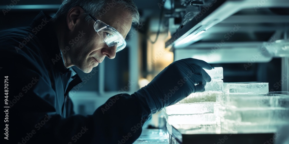 a climate scientist studying ice cores in a lab, with the detailed structure of the ice layers in focus a climate scientist studying ice cores in a lab, with the detailed structure of the ice layers in focus