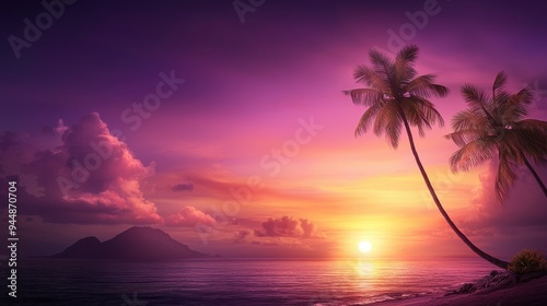 Island sunset with palm trees silhouetted against a vivid purple sky with glowing clouds over a serene ocean representing peace and escape