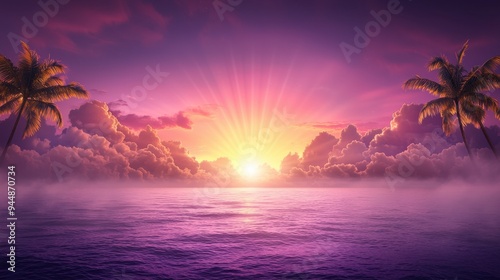 Radiant sunrise over the ocean with palm trees and dramatic pink and purple clouds filling the sky symbolizing a new beginning and hope