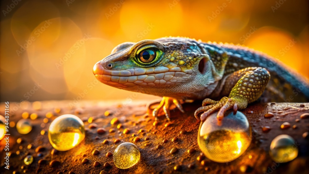 vibrant morning dew droplets clinging lizard skin scales glisten amidst rusty flat industrial backdrop soft focus warm golden light captures intimate tender reptilian moment serenity vibrant morning dew droplets clinging lizard skin scales glisten amidst rusty flat industrial backdrop soft focus warm golden light captures intimate tender reptilian moment serenity