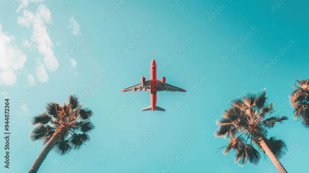Naklejka premium Airplane soaring over palm trees, tropical landscape, clear blue sky, vibrant green foliage, serene travel atmosphere, summer vibes, sense of adventure and exploration