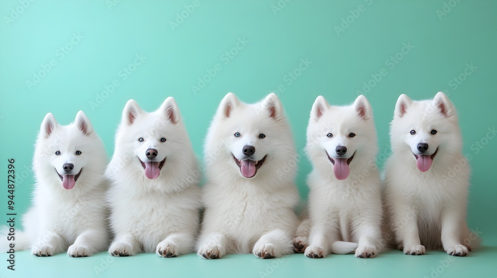 Five Adorable Samoyed Pups Posing Together on Mint Green Background Five Adorable Samoyed Pups Posing Together on Mint Green Background