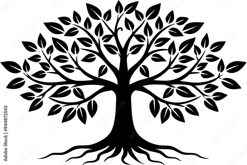 Obraz premium Tree with leaves and roots silhouette vector illustration