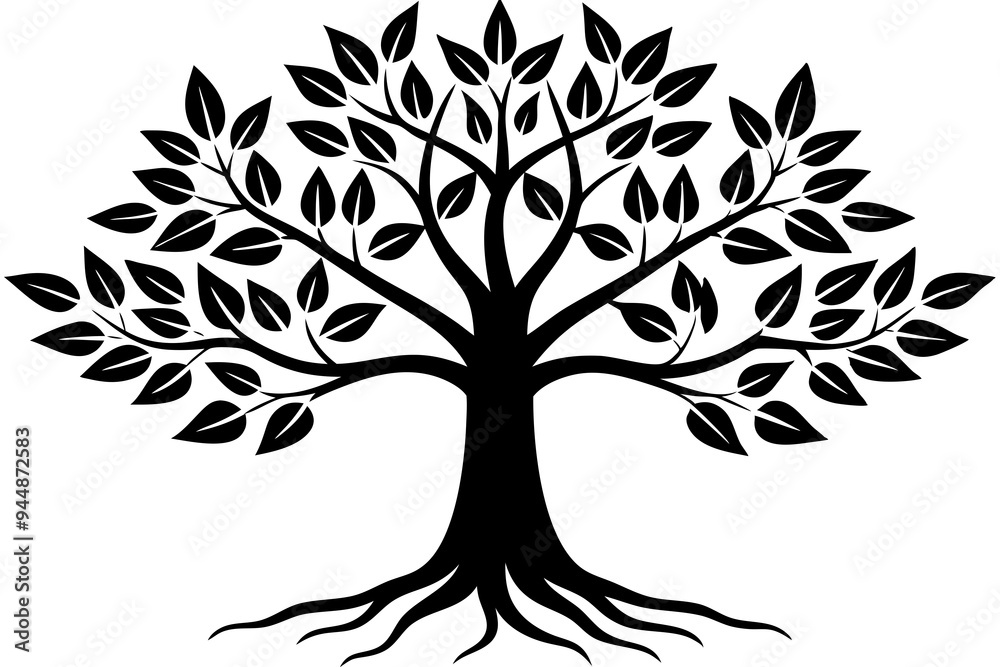 Obraz premium Tree with leaves and roots silhouette vector illustration