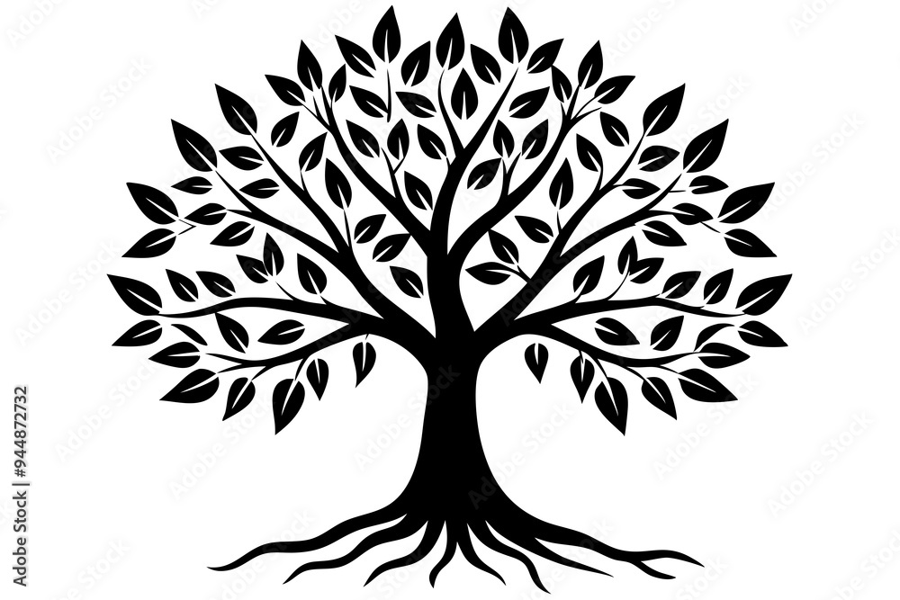 Obraz premium Tree with leaves and roots silhouette vector illustration