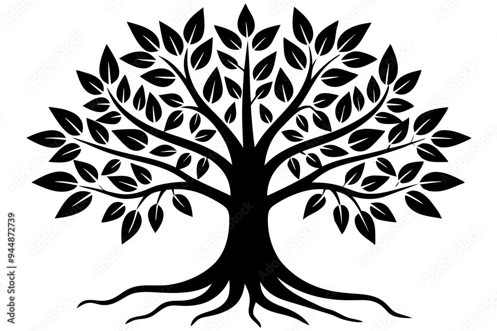 Obraz premium Tree with leaves and roots silhouette vector illustration