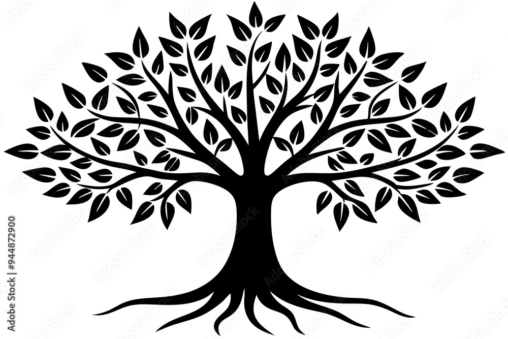 Obraz premium Tree with leaves and roots silhouette vector illustration