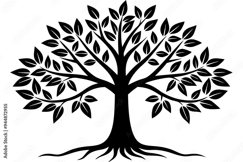 Obraz premium Tree with leaves and roots silhouette vector illustration