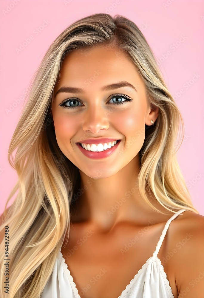 Elegant Young Woman Smiling Against a Soft Pink Background Elegant Young Woman Smiling Against a Soft Pink Background