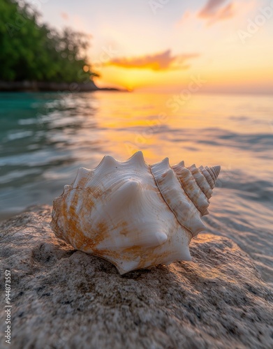 Seashell on the beach at sunset photo