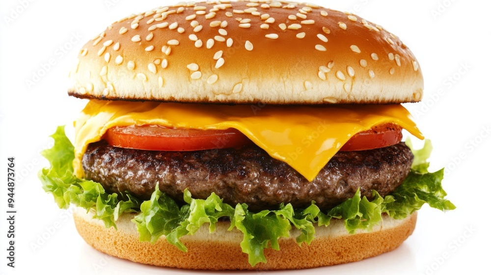 A classic cheeseburger with a juicy beef patty, melted cheese, lettuce, and tomato, served on a sesame seed bun, against a clean white background. A classic cheeseburger with a juicy beef patty, melted cheese, lettuce, and tomato, served on a sesame seed bun, against a clean white background.