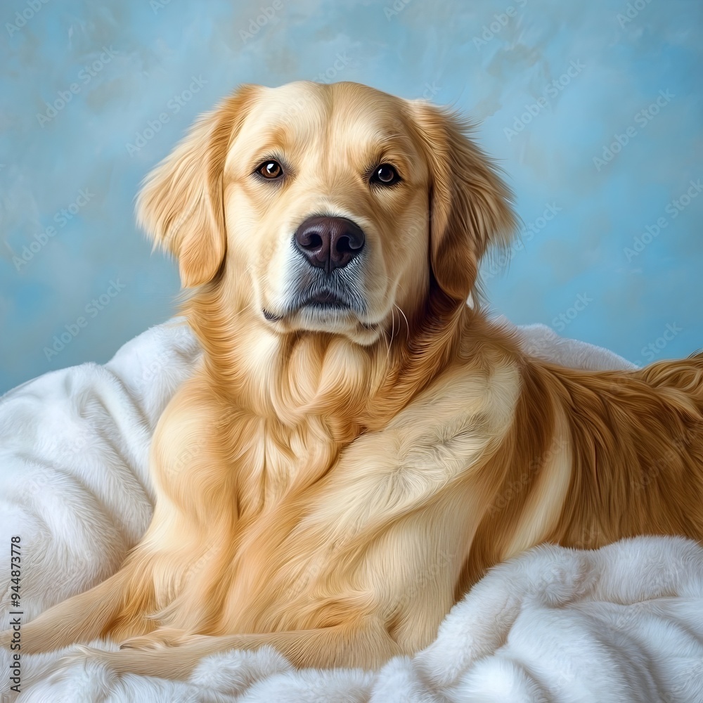 Portrait of a Friendly and Loyal Golden Retriever Dog on a Baby Blue Background Portrait of a Friendly and Loyal Golden Retriever Dog on a Baby Blue Background