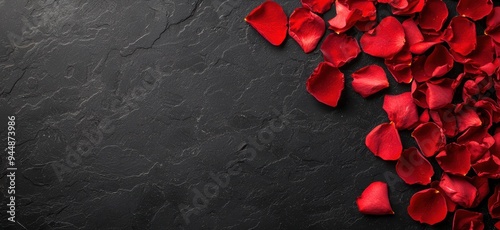Fototapeta Naklejka Na Ścianę i Meble -  red rose petals on dark slate background