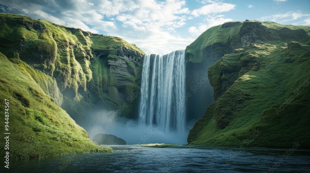Fototapeta premium Majestic Waterfall Cascading Between Lush Green Cliffs