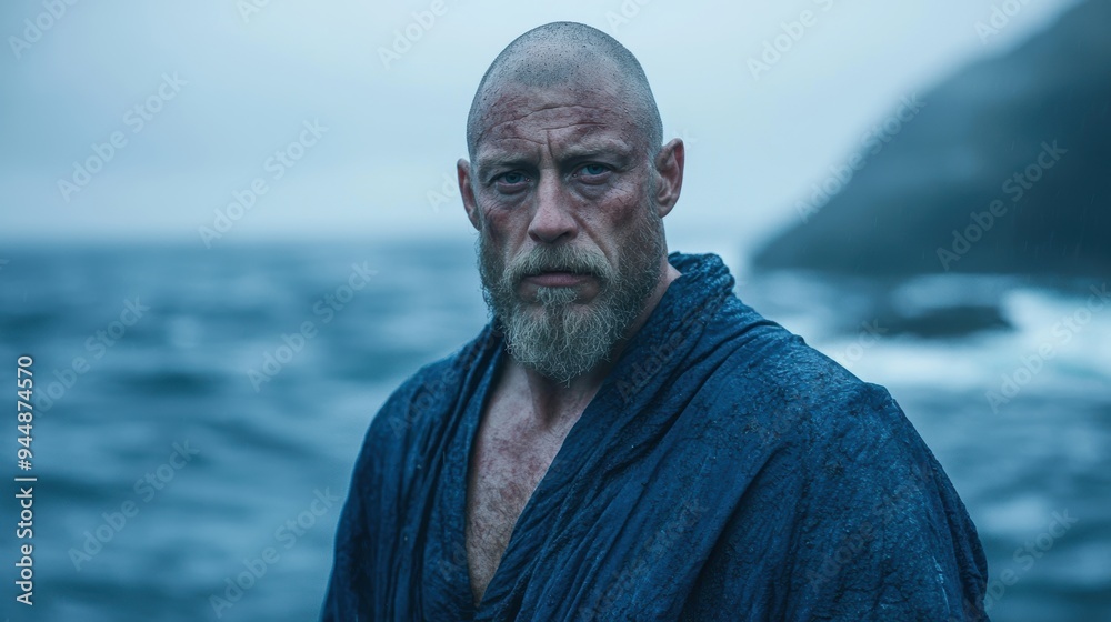 Weathered man in blue robe overlooking the ocean Weathered man in blue robe overlooking the ocean