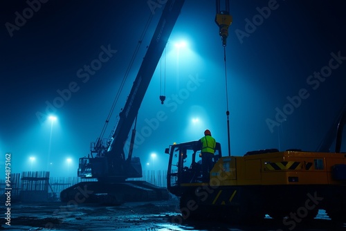 A crane operator works late into the night under bright floodlights. The construction site is a hive of activity despite the darkness