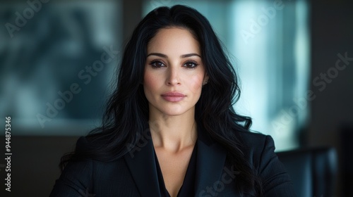 Elegant woman in black suit posing with confidence