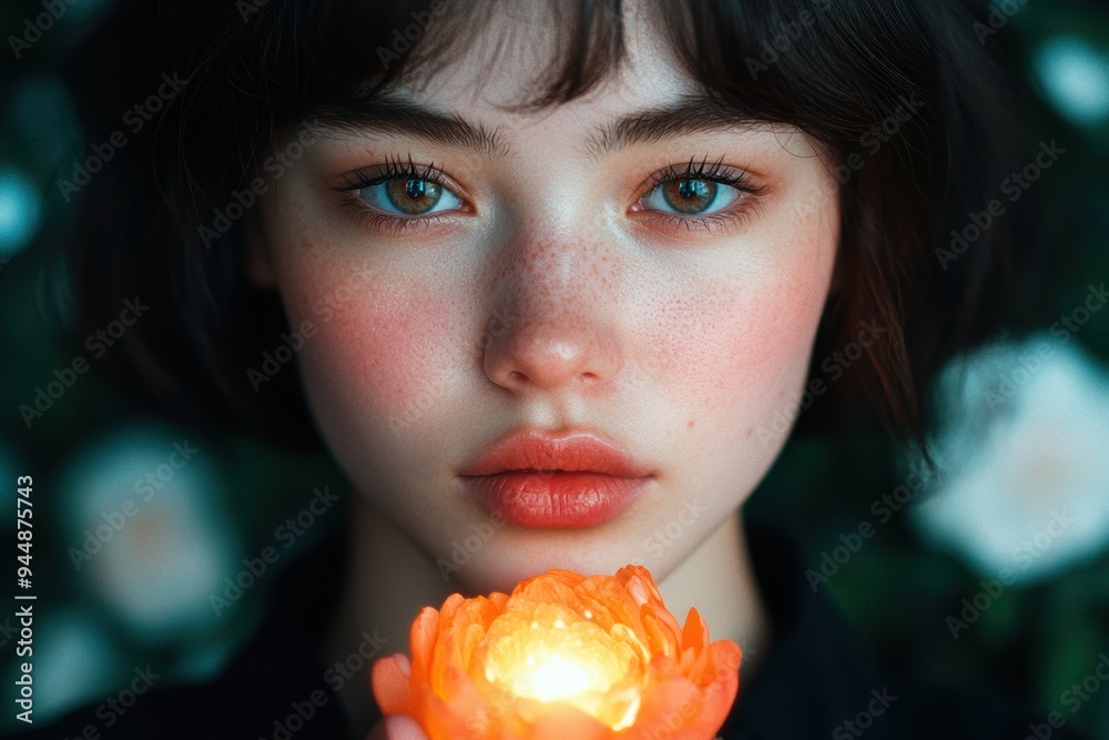 Naklejka premium Thoughtful young woman with flower