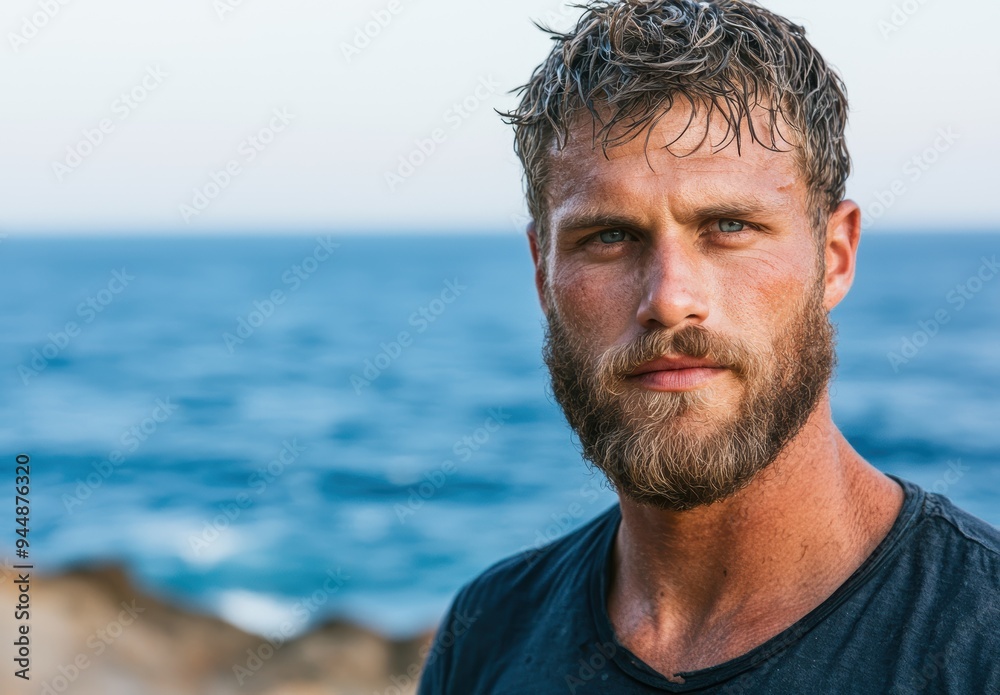 rugged man with beard overlooking the ocean rugged man with beard overlooking the ocean