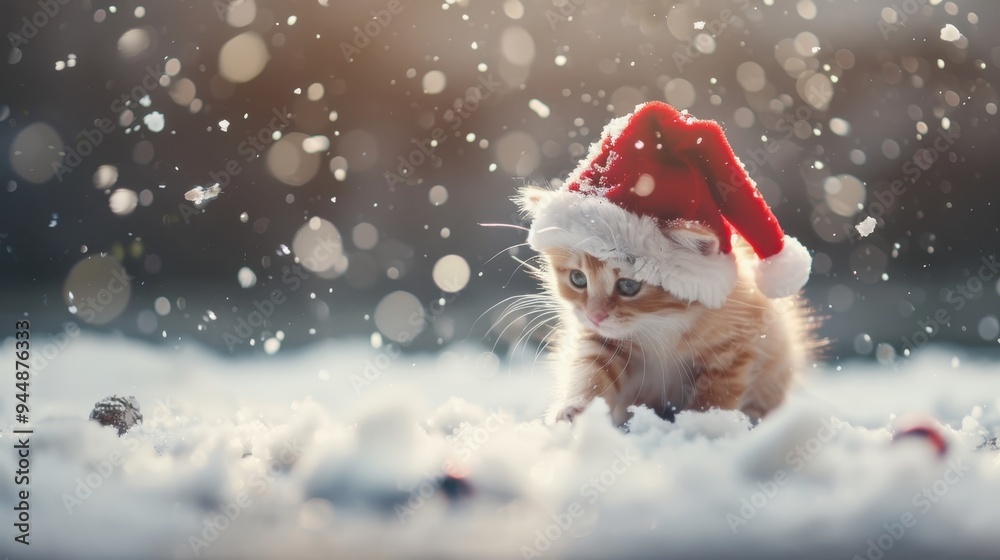 Fluffy Kitten in Santa Hat, A playful kitten wearing a Santa hat delights in the snowy landscape, capturing the essence of festive joy and seasonal cheer Fluffy Kitten in Santa Hat, A playful kitten wearing a Santa hat delights in the snowy landscape, capturing the essence of festive joy and seasonal cheer