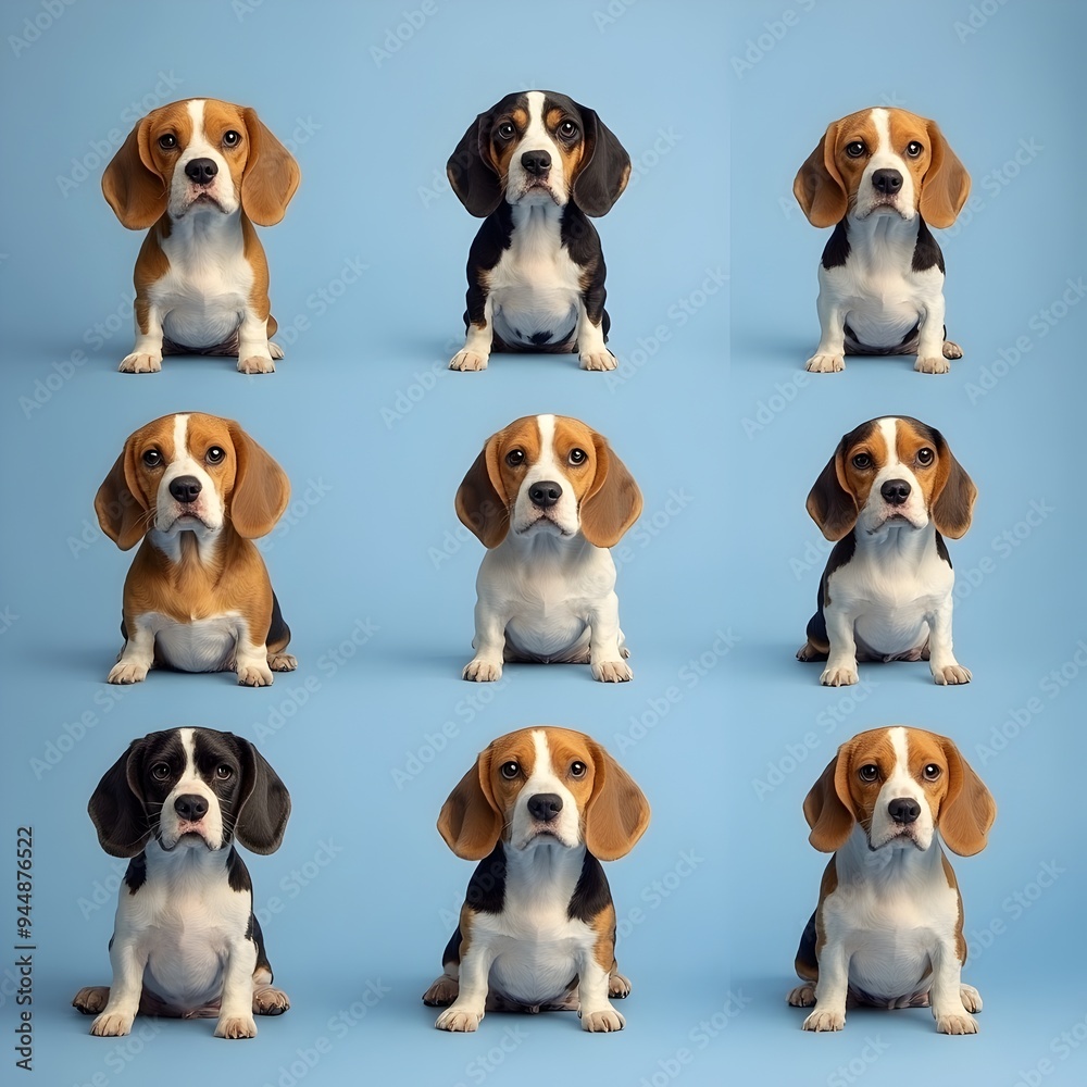 Assorted Beagle Pups Posing in Soft Blue Studio Backdrop A Charming Pack of Adorable Canines in Various Breeds and Angles Assorted Beagle Pups Posing in Soft Blue Studio Backdrop A Charming Pack of Adorable Canines in Various Breeds and Angles