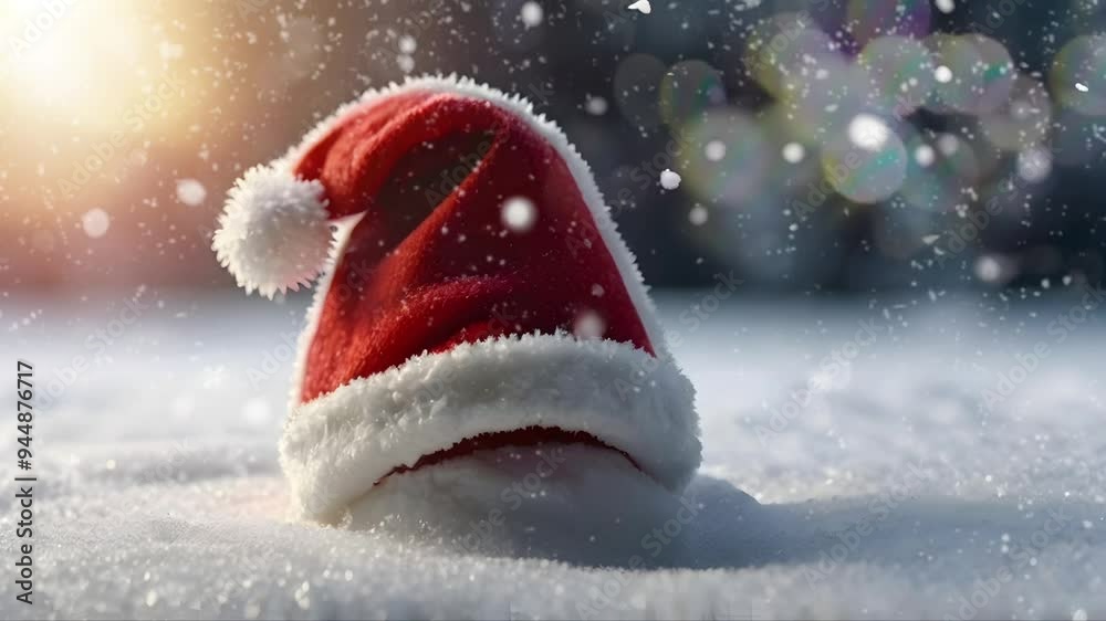 A santa hat is on a snow mound during winter, christmas atmosphere, christmas new year template. Seamless 4K looping timelapse video animation background