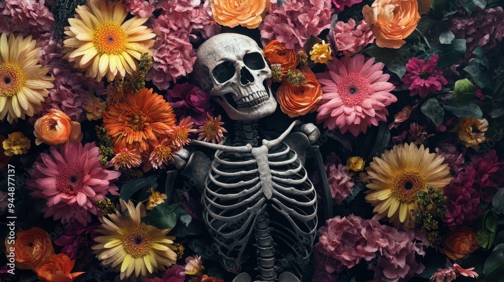 Dark yet beautiful scene of a skeleton entwined with colorful flowers, creating a striking, poetic visual contrast. Dark yet beautiful scene of a skeleton entwined with colorful flowers, creating a striking, poetic visual contrast.