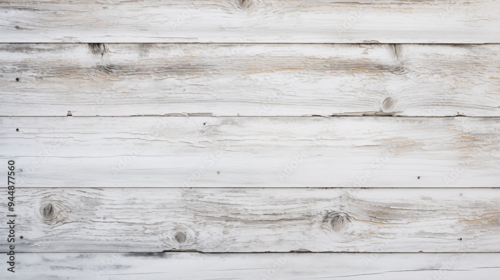 Fototapeta premium Weathered white wooden planks, showcasing a rustic texture with visible knots and grain patterns.