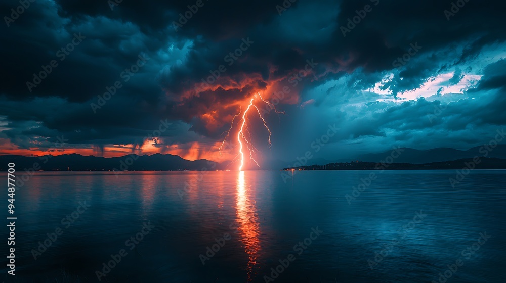 Obraz premium A Dramatic Lightning Strike Over a Lake and Mountains at Sunset, Creating a Striking Visual