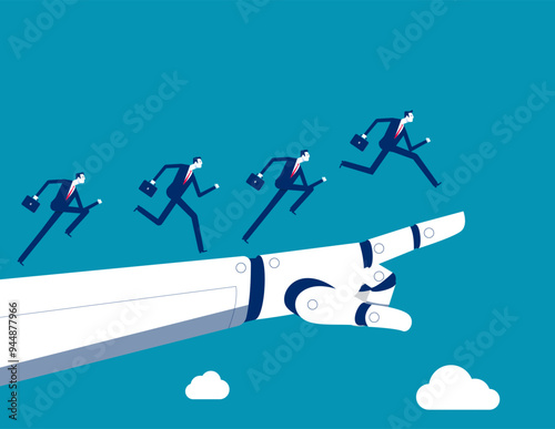 Assistance. Business team runs up on robot hand pointing upwards, Collaboration of personnel with artificial intelligence