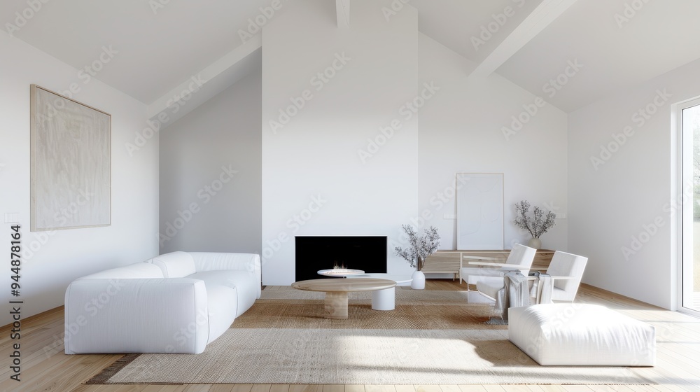 Minimalist Scandinavian Living Room, spacious interior with high ceilings, white walls, cozy fireplace, sleek white furniture, warm wooden floor, soft rug, decorative artwork. Minimalist Scandinavian Living Room, spacious interior with high ceilings, white walls, cozy fireplace, sleek white furniture, warm wooden floor, soft rug, decorative artwork.