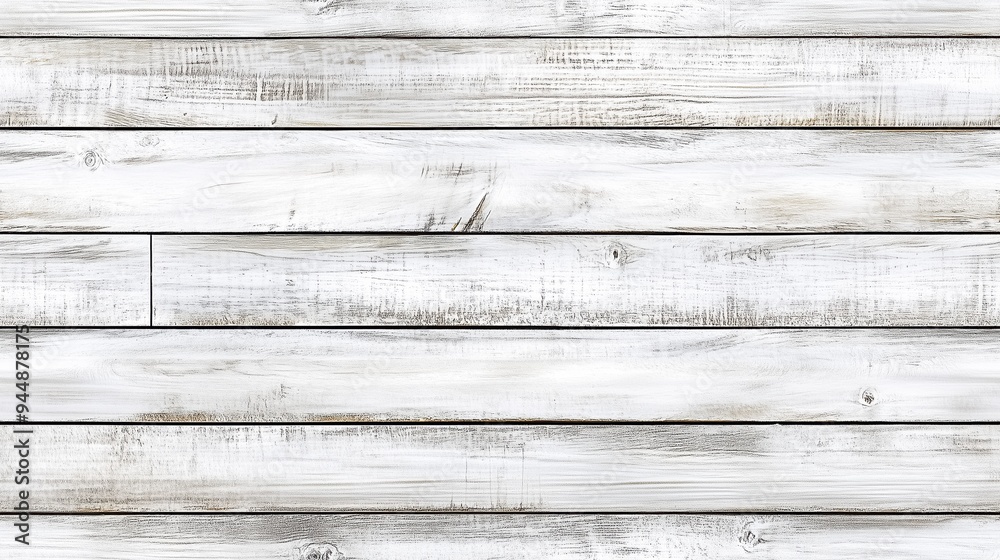 Fototapeta premium Textured background featuring whitewashed wooden planks arranged horizontally. The wood has a rustic appearance with visible grain and knots, creating a warm and inviting atmosphere.
