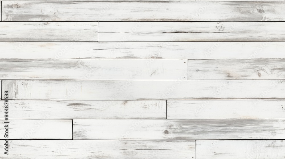 Fototapeta premium Whitewashed wooden planks arranged horizontally. The texture shows natural wood grain and knots, creating a rustic and clean aesthetic.