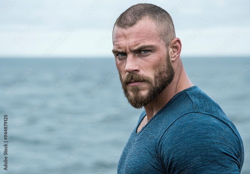 Rugged bearded man with intense gaze near the ocean Rugged bearded man with intense gaze near the ocean