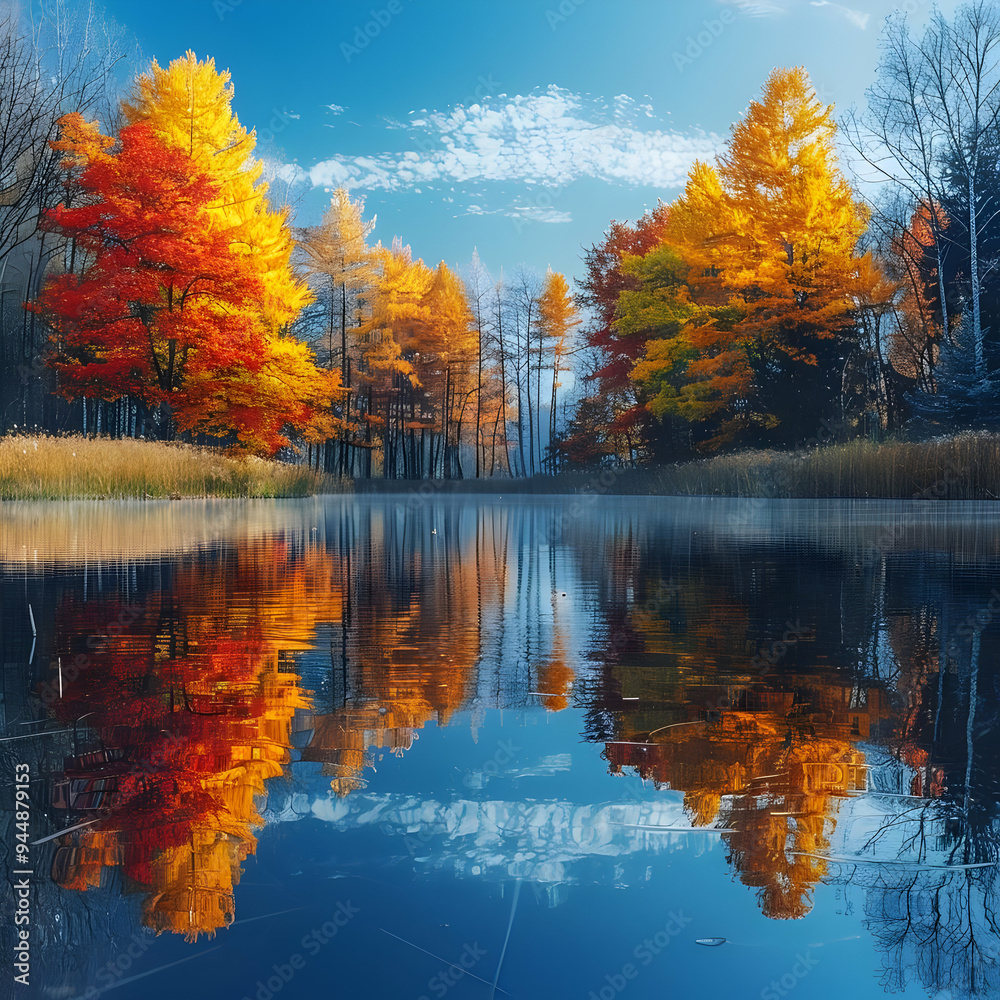 Autumn Trees Reflecting in Still Water - Digital Illustration Autumn Trees Reflecting in Still Water - Digital Illustration