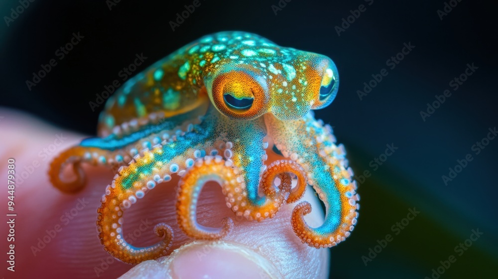 Fototapeta premium Detailed macro shot of a small octopus on a fingertip, emphasizing its intricate features and vibrant colors.