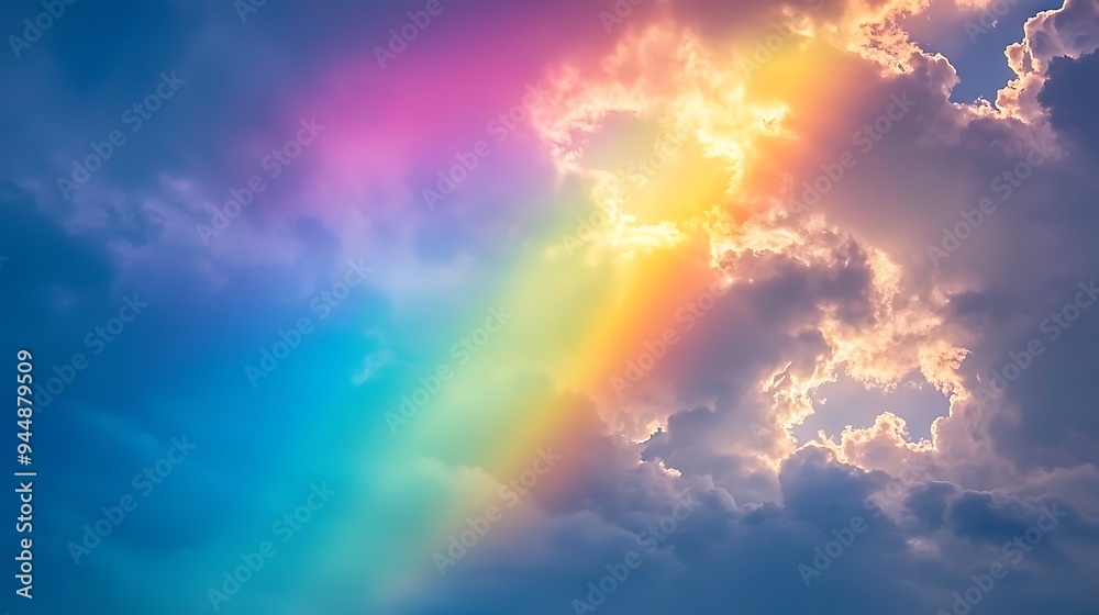 Fototapeta premium A Dramatic Sky with a Rainbow and Clouds at Sunset, Capturing the Beauty of Nature