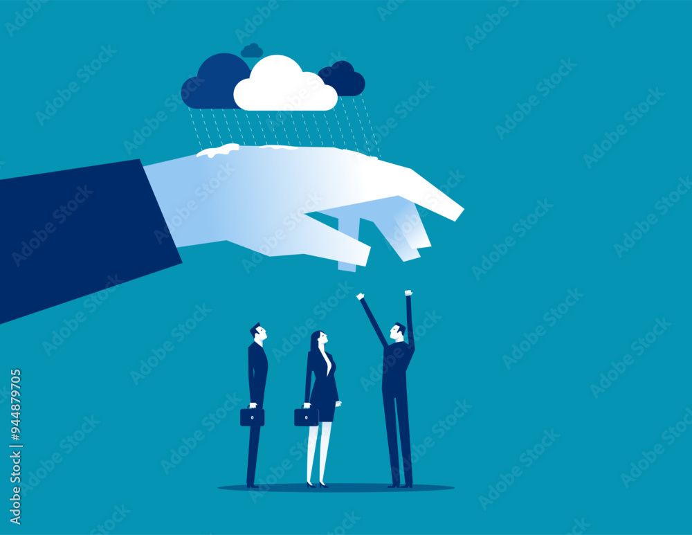 Assistance. Leader hand cover team member from rainstorm, Employee care benefit Assistance. Leader hand cover team member from rainstorm, Employee care benefit
