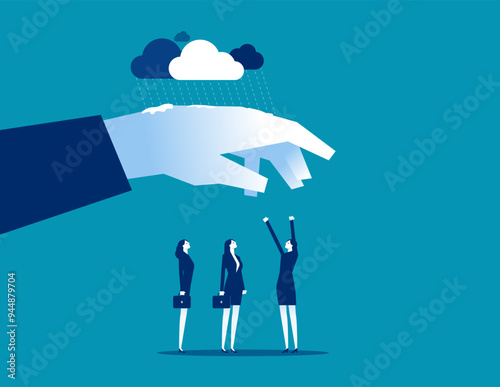 Assistance. Leader hand cover team member from rainstorm, Employee care benefit
