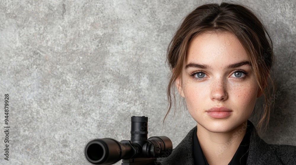 Serious young woman with rifle scope Serious young woman with rifle scope