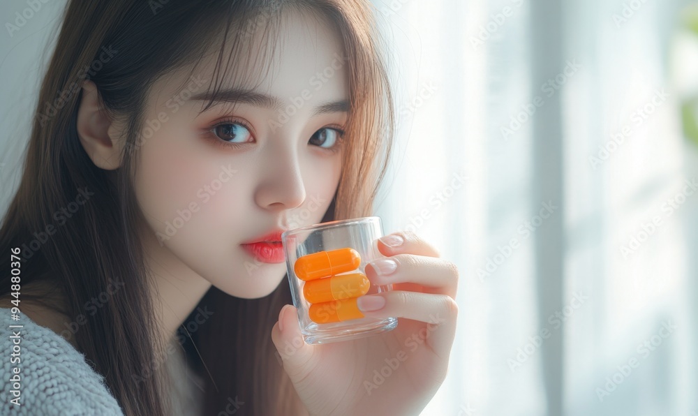 Young Asian Woman Taking Orange Supplement Pill: Vitamin C or D for Skin, Hair, and Nail Health. Dietary Supplement Concept with Glass of Water, Promoting Wellness and Beauty in Minimalist Abstract Se Young Asian Woman Taking Orange Supplement Pill: Vitamin C or D for Skin, Hair, and Nail Health. Dietary Supplement Concept with Glass of Water, Promoting Wellness and Beauty in Minimalist Abstract Se