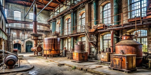 Abandoned old distilling factory with rusted machinery and barrels , vintage, industrial, old, distilling, factory