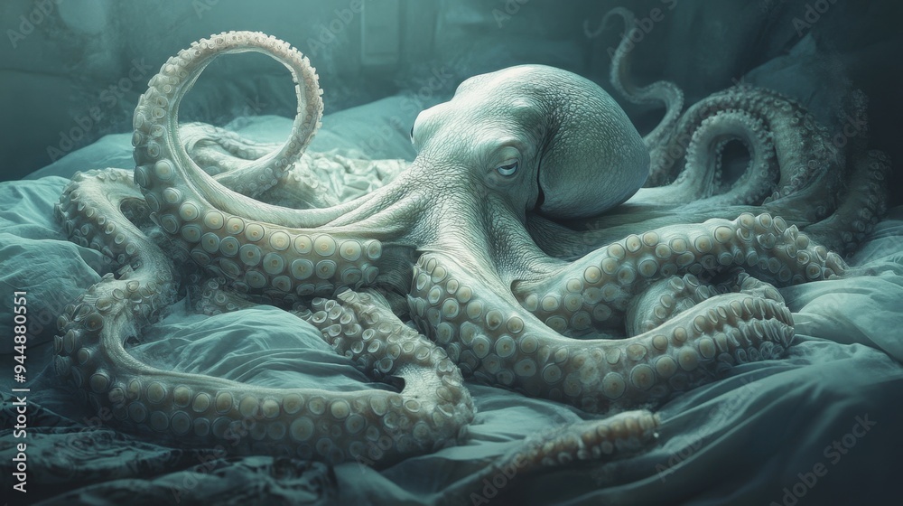 Fototapeta premium Dreamlike vision of an octopus sprawled across a bed, evoking a sense of fantasy with its delicate tentacles.