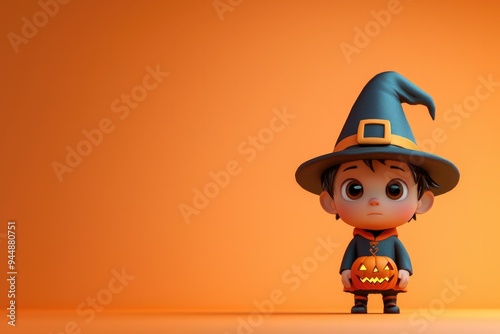 Cute Halloween themed doll in witch costume holding pumpkin bucket